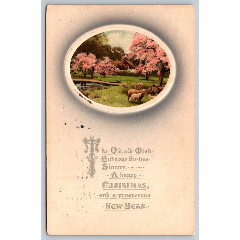 Antique 1909 Christmas Postcard Meissner & Buch Sheep Blossoms Rural Scene Stamp